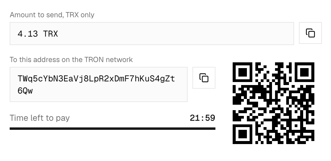The invoice: amount in TRX, the payment address, a QR code and the time left